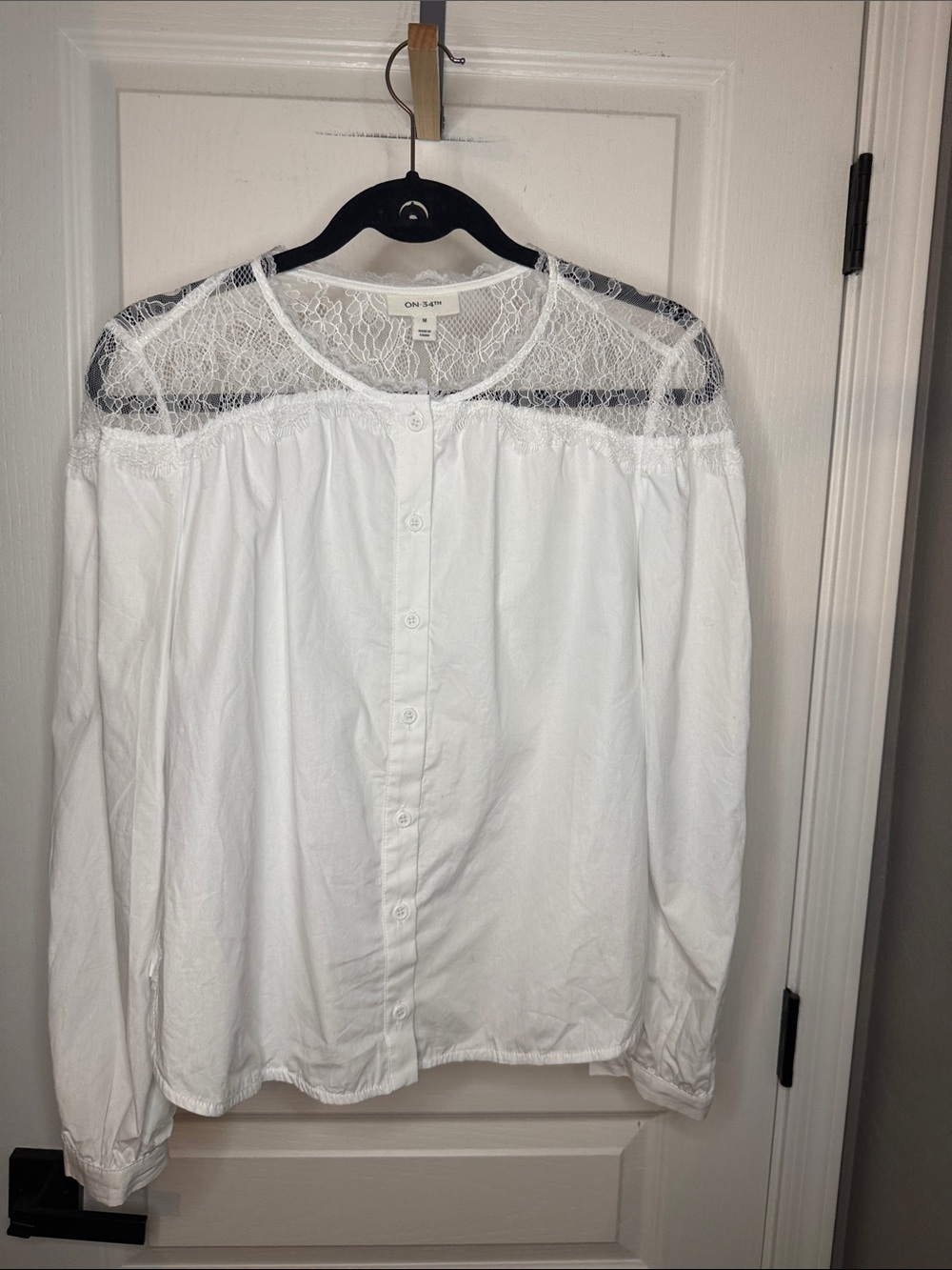 White Lace Yoke Button-Down Blouse - ON & ON